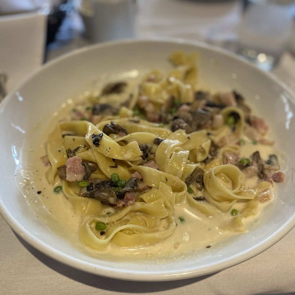 Bowl of Italian pasta with mushrooms and peas at a Greensboro NC restaurant