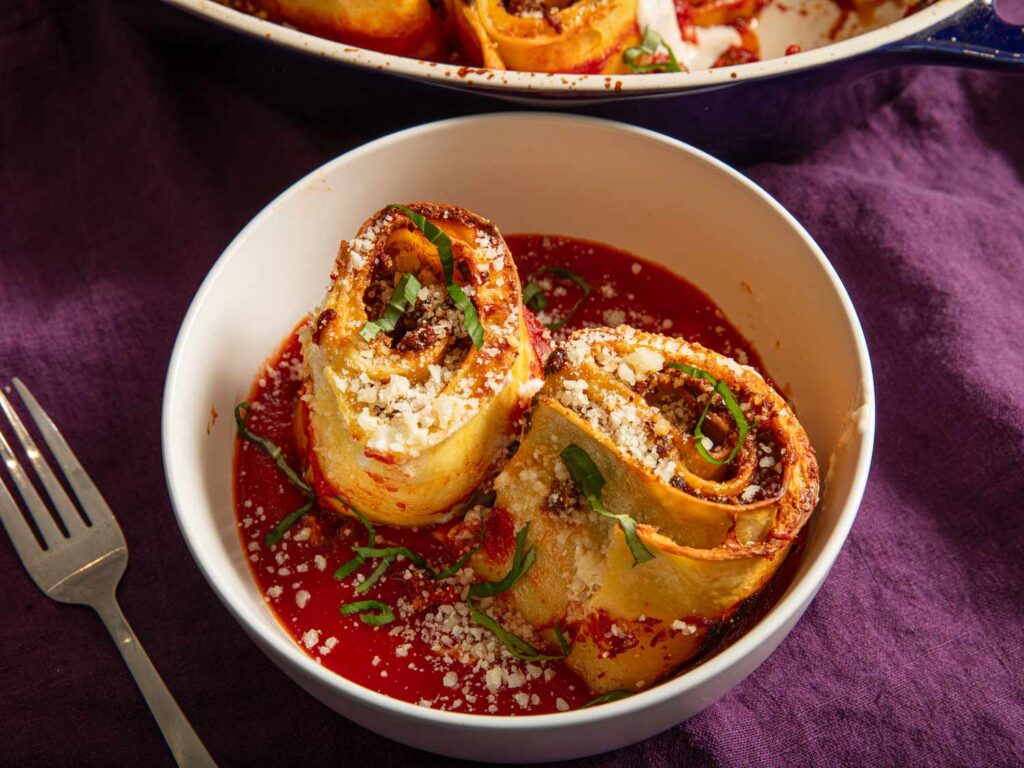 Stuffed pasta rolls served for a romantic Italian dinner at Giovanni's in Greensboro NC