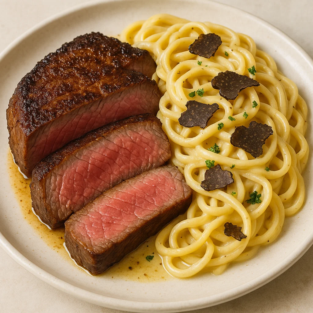 Steak and pasta dish garnished with fresh herbs at an Italian restaurant in Greensboro NC