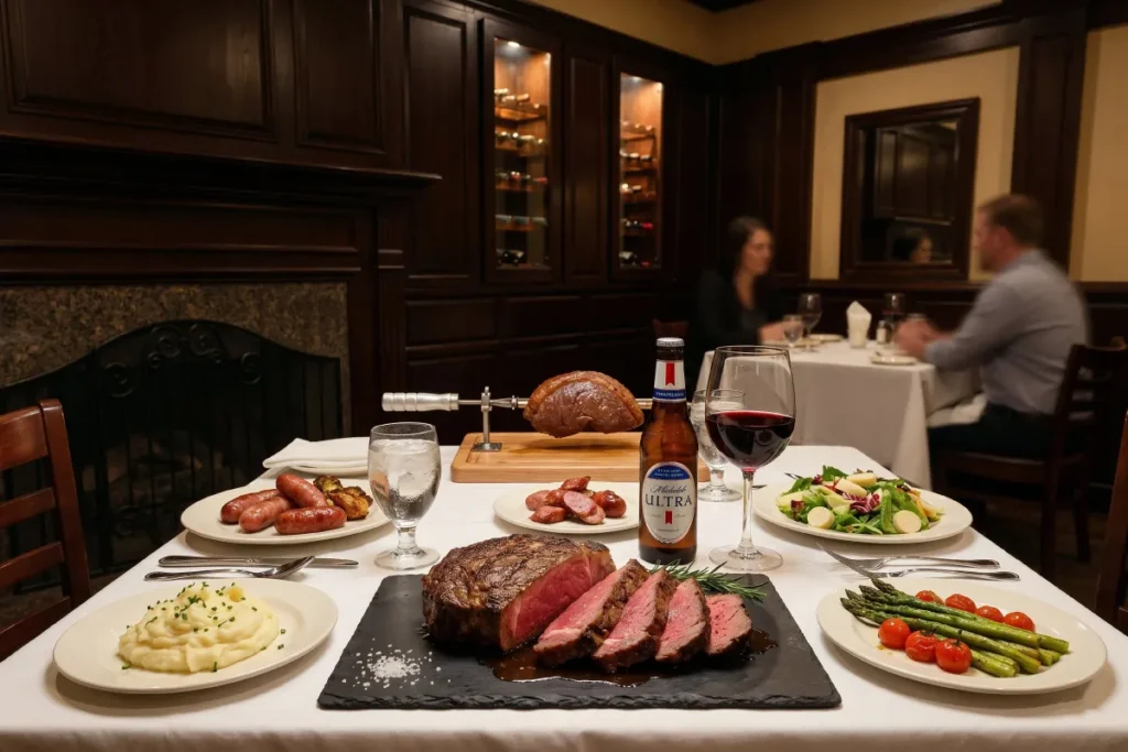 Premium steak dinner with roasted potatoes and red wine at an Italian steakhouse in Greensboro NC