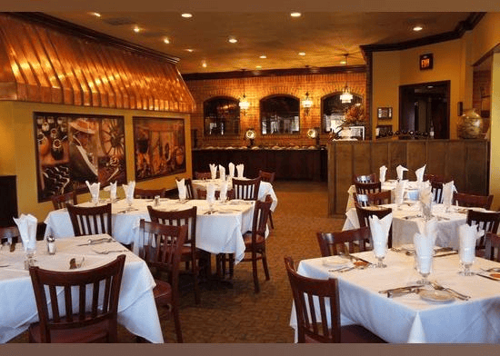 Elegant restaurant interior with neatly arranged tables and chairs for Italian dinner service