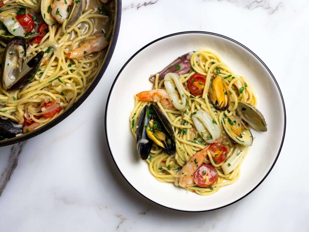Seafood pasta with fresh vegetables served at an Italian restaurant in Greensboro NC