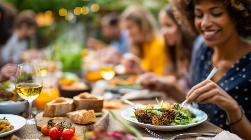 Diverse group of people enjoying a family meal together at a dinner table, sharing food and conversation at an Italian restaurant in Greensboro NC.