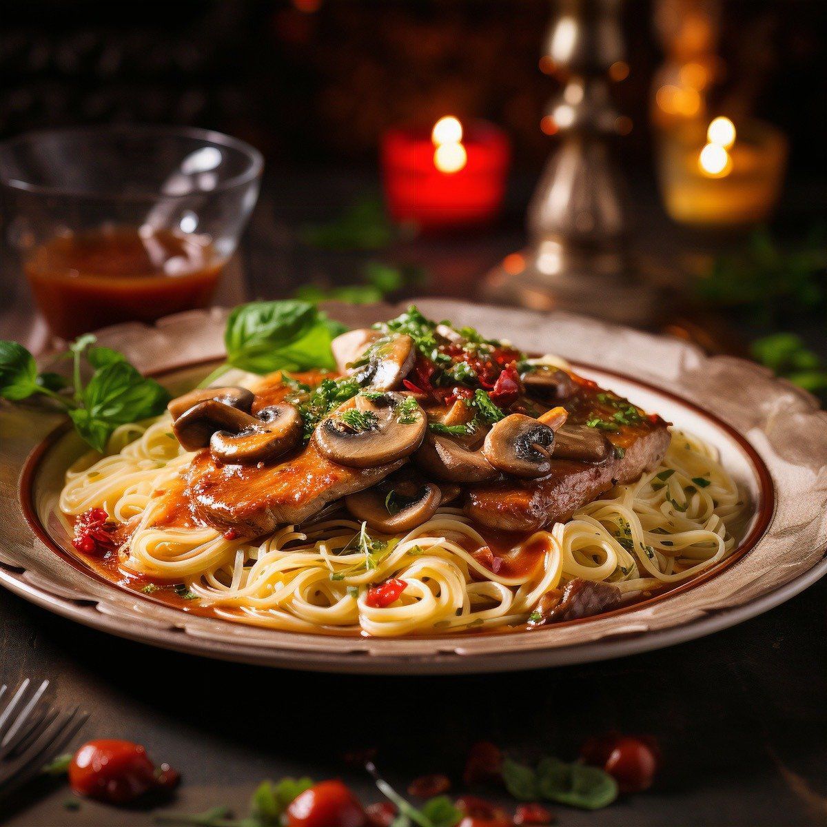 Spaghetti with sautéed mushrooms, fresh tomatoes, and herbs