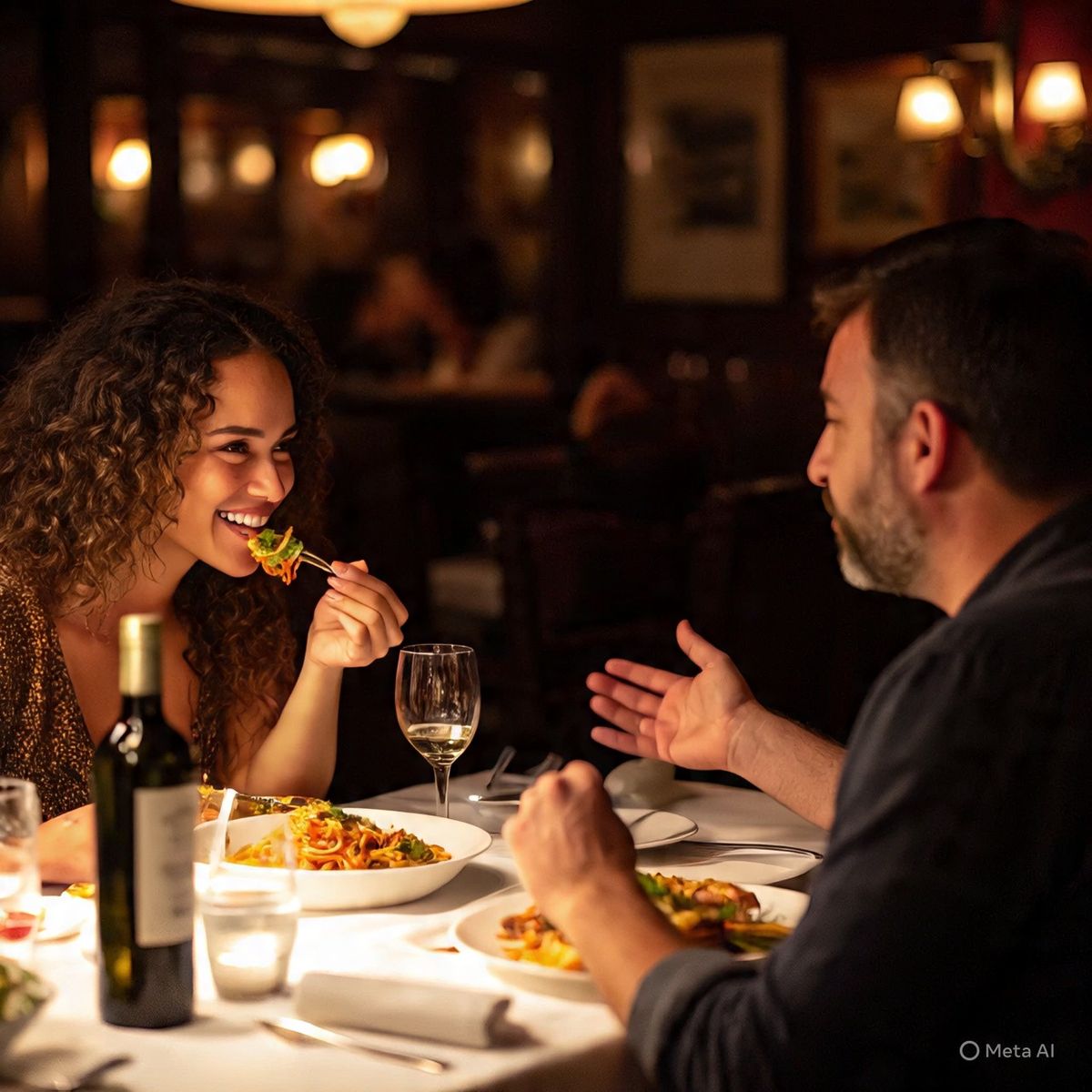 Couple enjoying an Italian meal together while sharing conversation at a restaurant