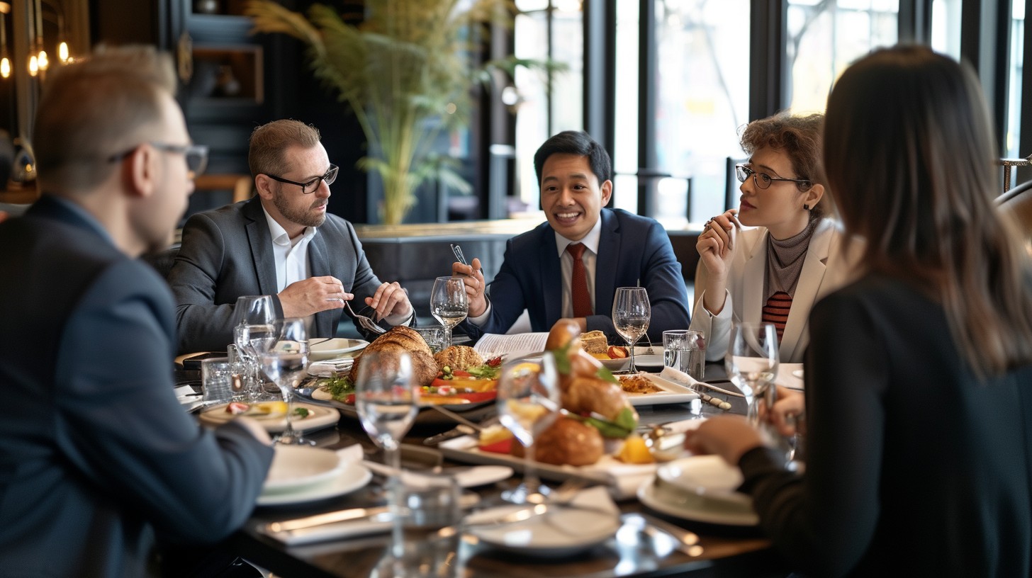 Diverse group enjoying dinner together while sharing food and conversation